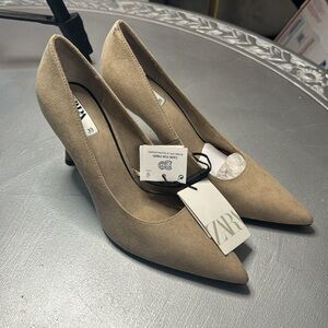 Zara Tan Suede Zapata Taco Heels Airfit comfort